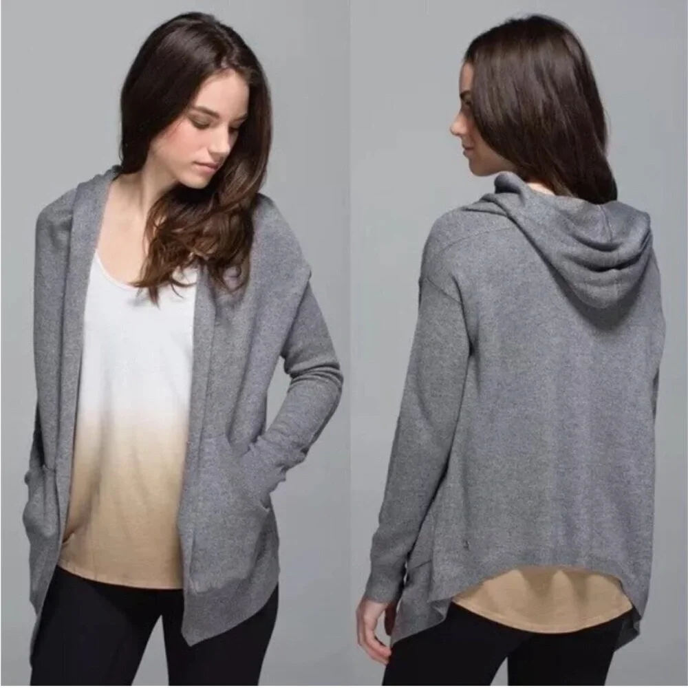 Lululemon Gray Cabin Yogi Wrap Heathered Medium Grey Hooded Cardigan Sweater
